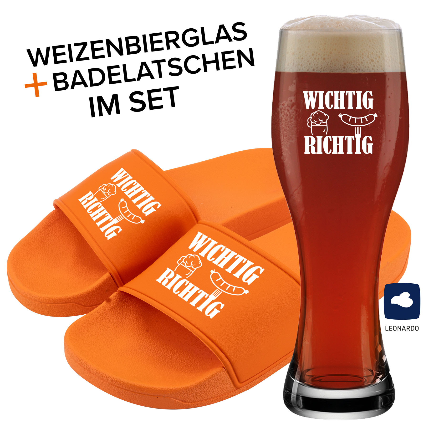 Hauptproduktbild von Badelatschen und Weizenglas "Wichtig Richtig"