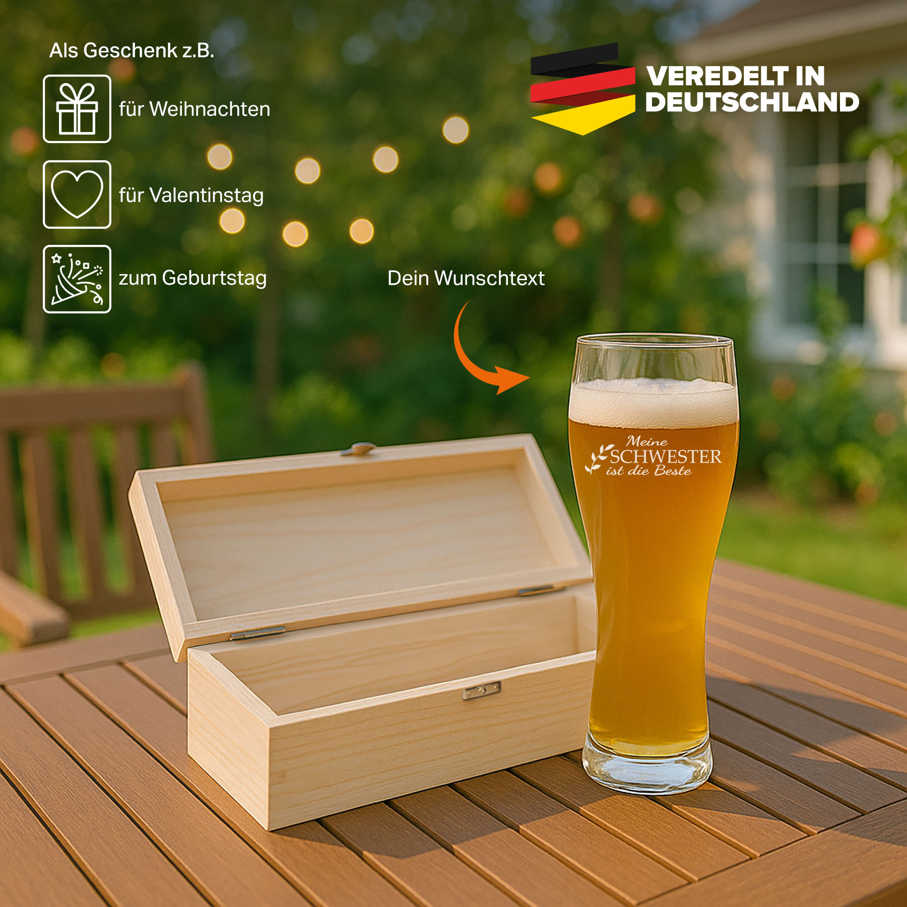 Produktbild 3 von Weizenglas-Holzkiste-Set mit Gravur und Bedruckung "Beste Schwester"