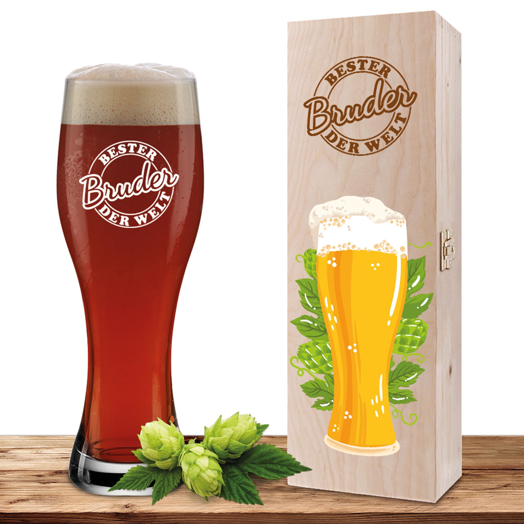 Hauptproduktbild von Weizenglas-Holzkiste-Set mit Gravur und Bedruckung "Siegel Bruder mit Bier"