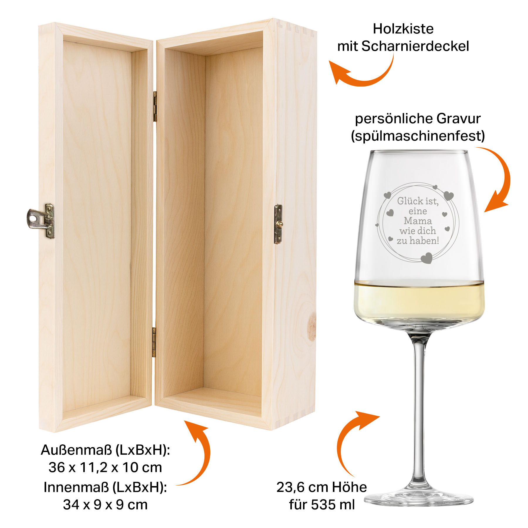 Produktbild 7 von Weinglas-Holzkisten-Set VIVID SENSES 535ml mit Gravur und Bedruckung "Glück Mama"