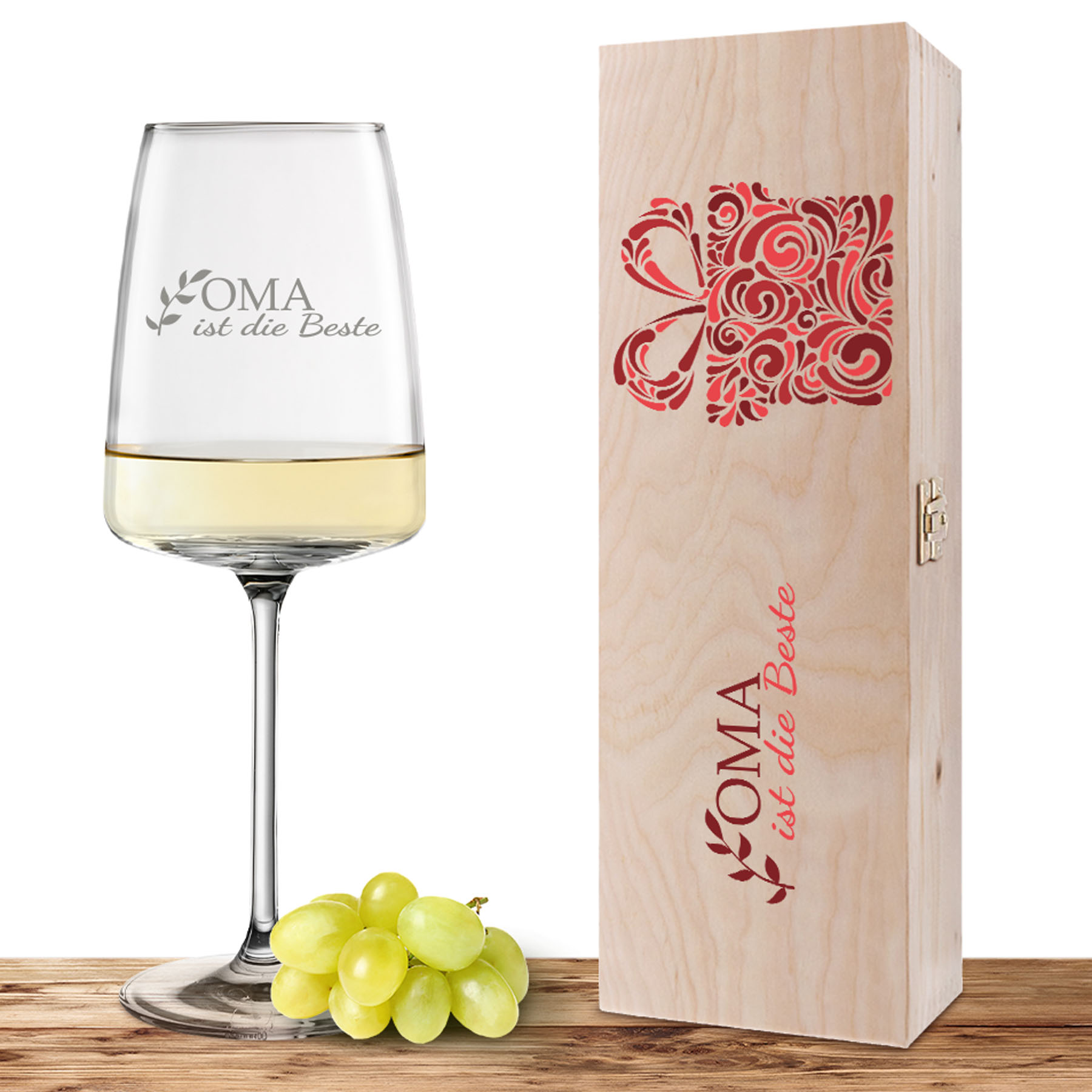 Hauptproduktbild von Weinglas-Holzkisten-Set VIVID SENSES 535ml mit Gravur und Bedruckung "Beste Oma"