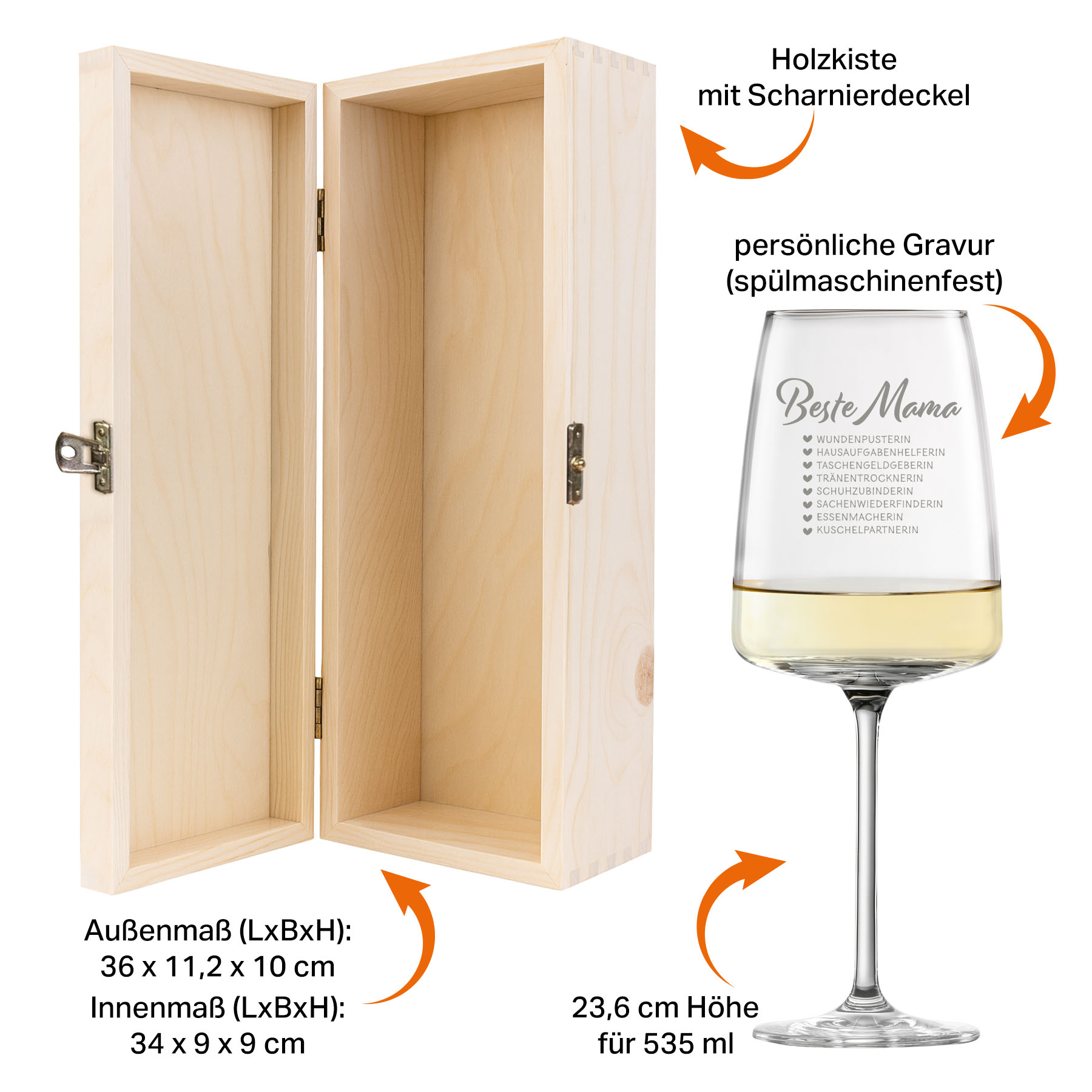 Produktbild 3 von Weinglas-Holzkisten-Set VIVID SENSES 535ml mit Gravur und Bedruckung "Beste Mama Checkliste"