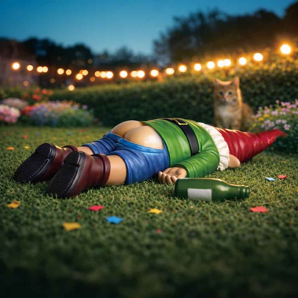 Produktbild von Gartenzwerg betrunken liegend – Outdoor Deko mit Flasche für Garten & Terrasse