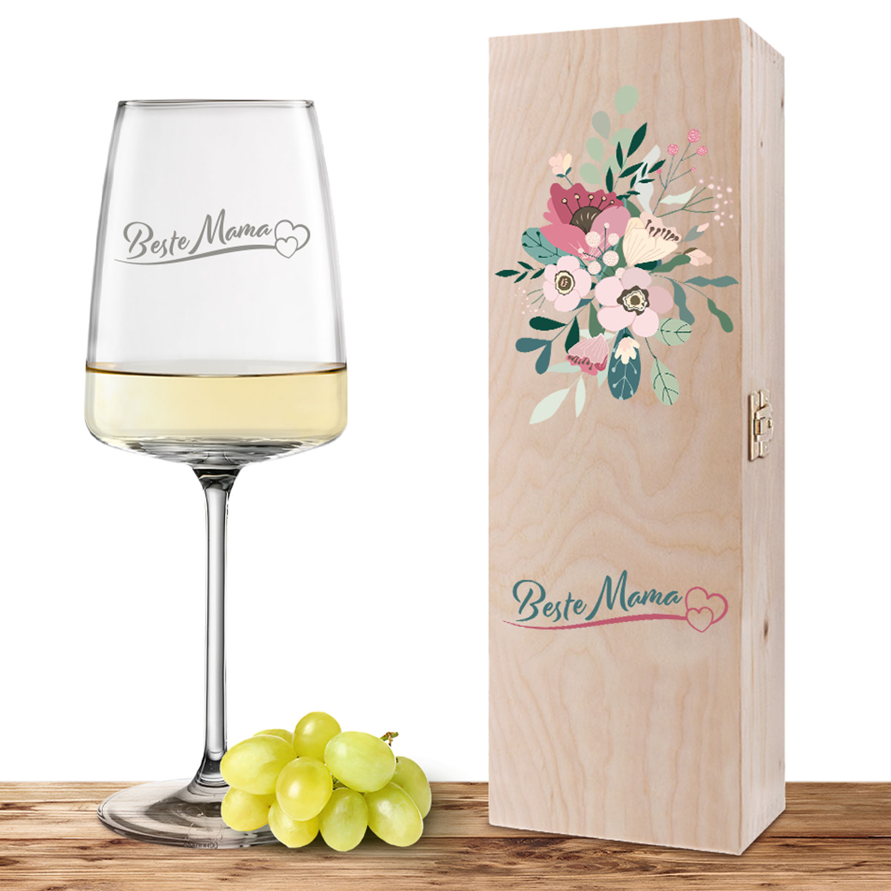 Hauptproduktbild von Weinglas-Holzkisten-Set VIVID SENSES 535ml mit Gravur und Bedruckung "Beste Mama mit Herzen"