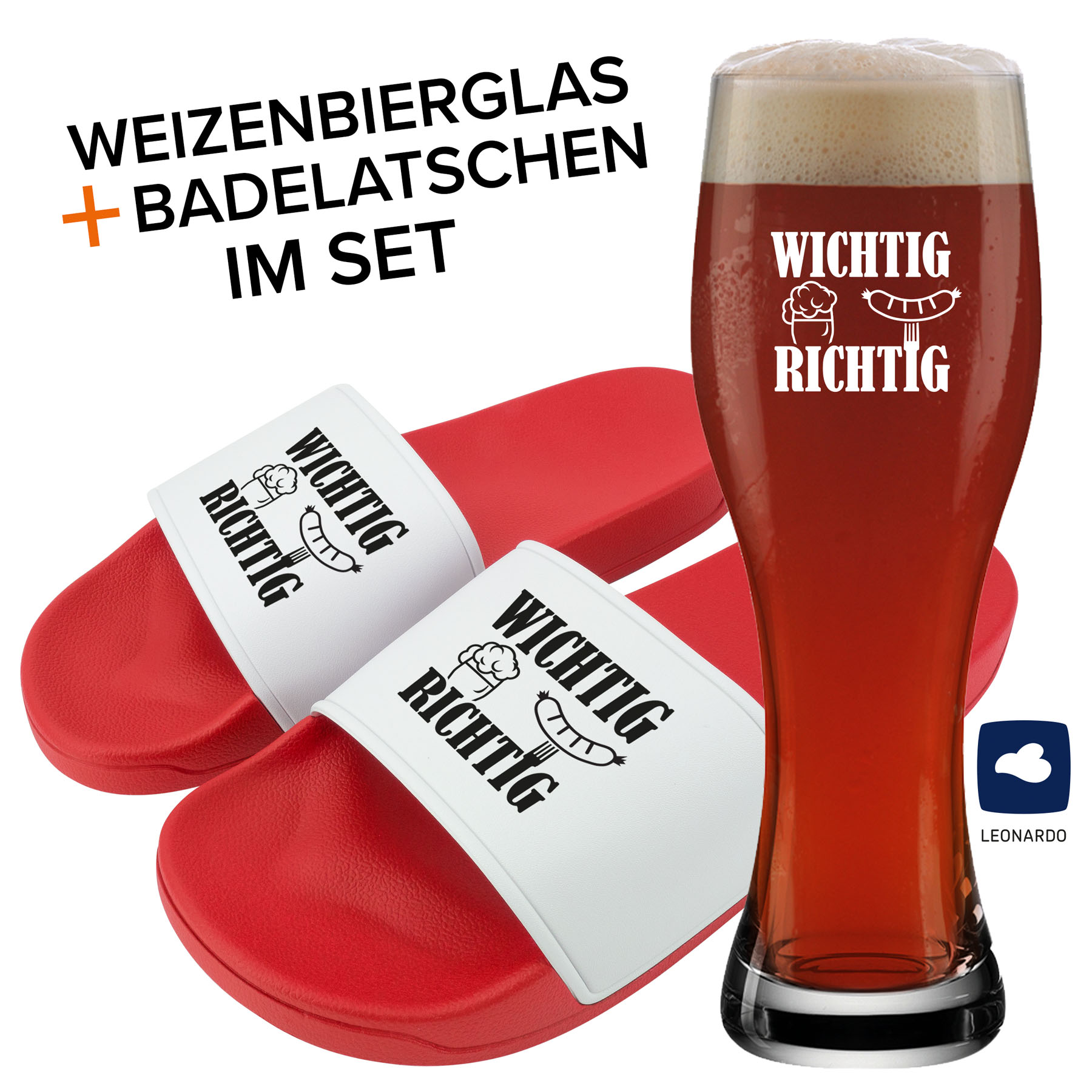 Hauptproduktbild von Badelatschen und Weizenglas "Wichtig Richtig"