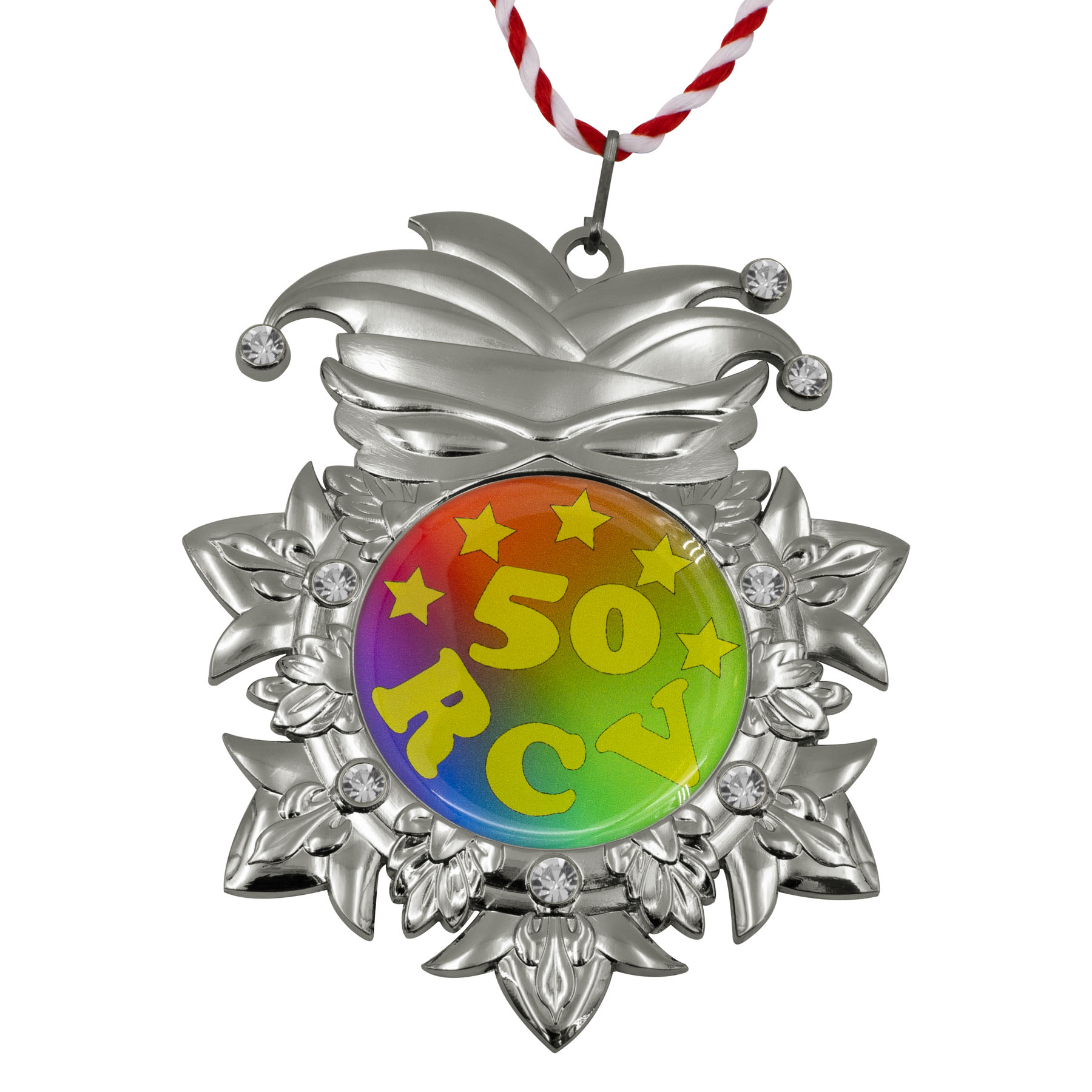 Produktbild von Karnevalsorden "Kappe und Maske" Altsilber mit Schmucksteinen