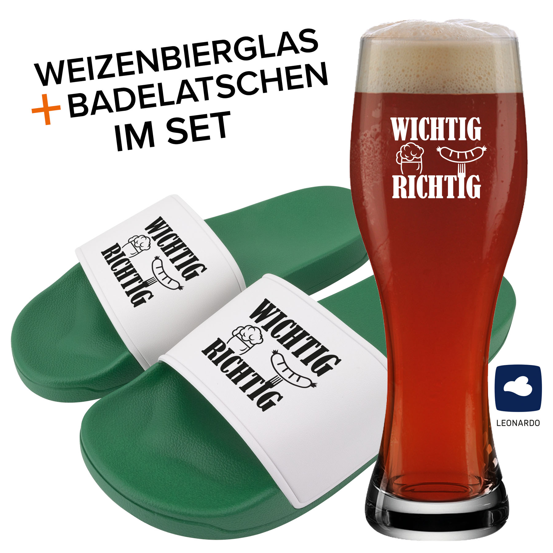 Hauptproduktbild von Badelatschen und Weizenglas "Wichtig Richtig"