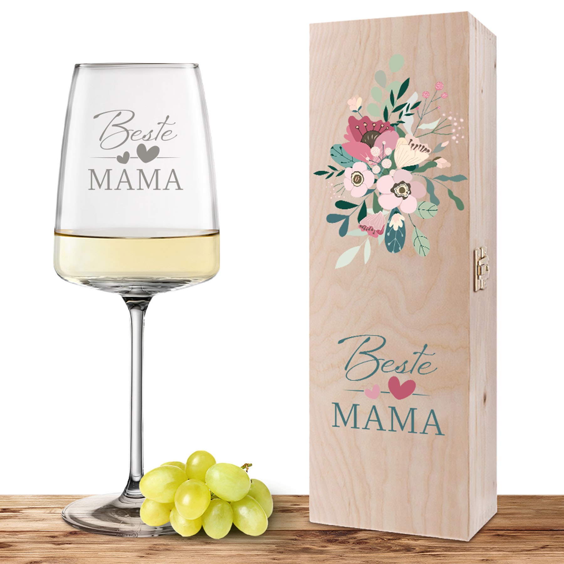 Hauptproduktbild von Weinglas-Holzkisten-Set VIVID SENSES 535ml mit Gravur und Bedruckung "Beste Mama"