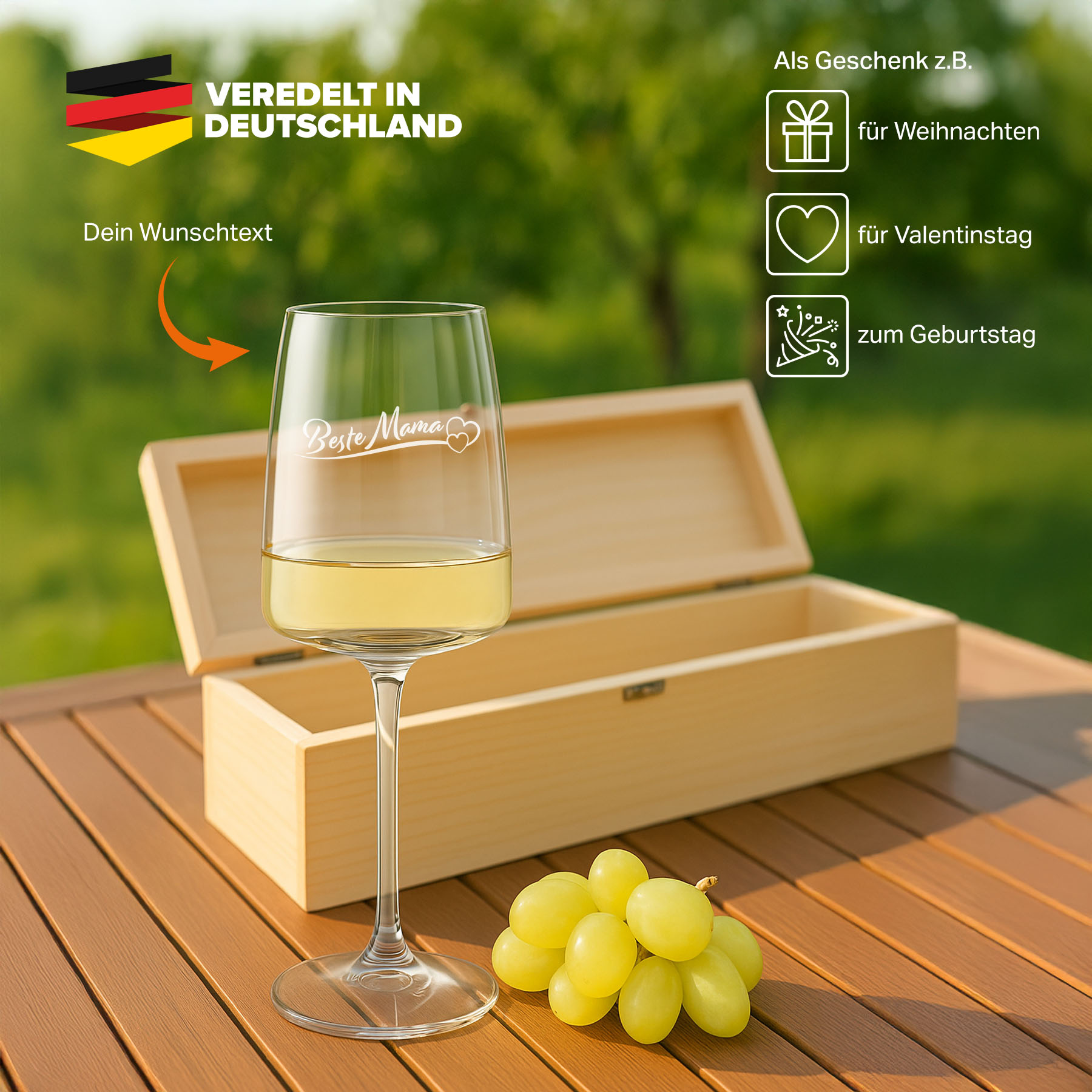 Produktbild 2 von Weinglas-Holzkisten-Set VIVID SENSES 535ml mit Gravur und Bedruckung "Beste Mama mit Herzen"