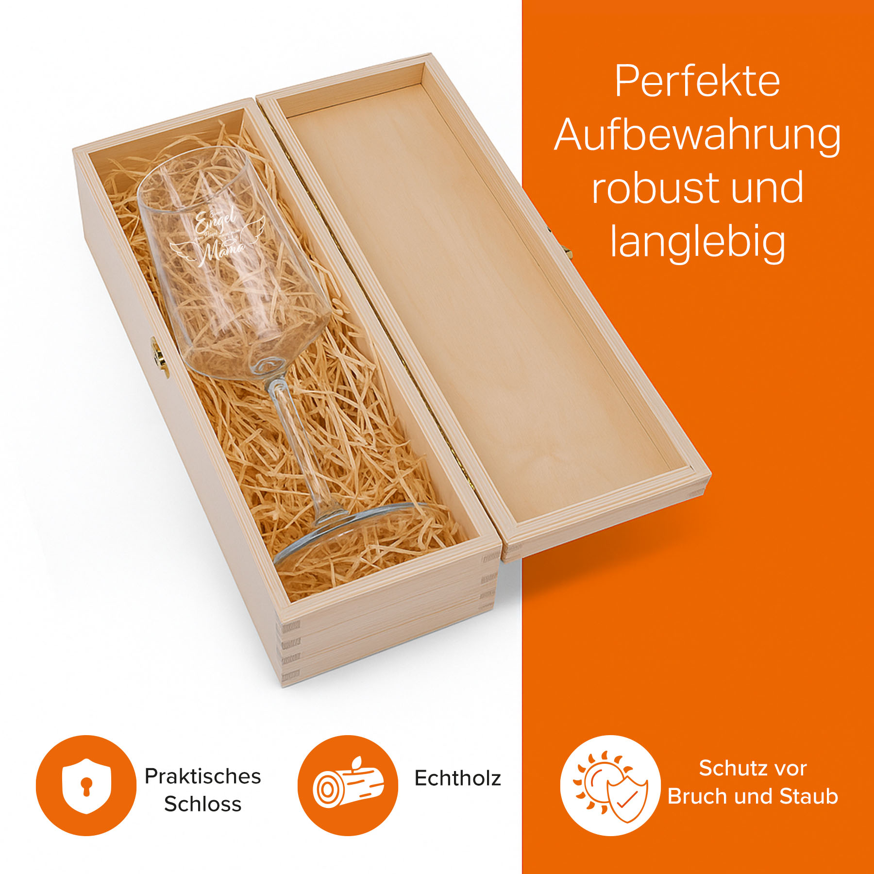 Produktbild 6 von Weinglas-Holzkisten-Set VIVID SENSES 535ml mit Gravur und Bedruckung "Engel Mama"