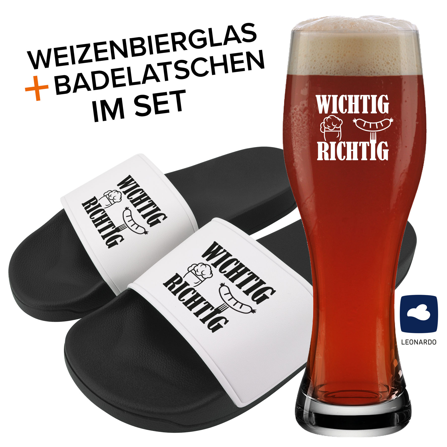 Produktbild von Badelatschen und Weizenglas "Wichtig Richtig"