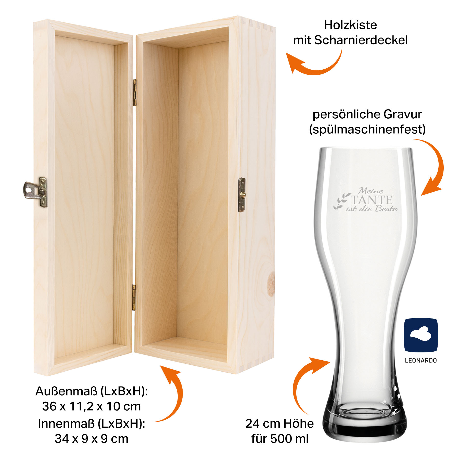 Produktbild 4 von Weizenglas-Holzkiste-Set mit Gravur und Bedruckung "Beste Tante"