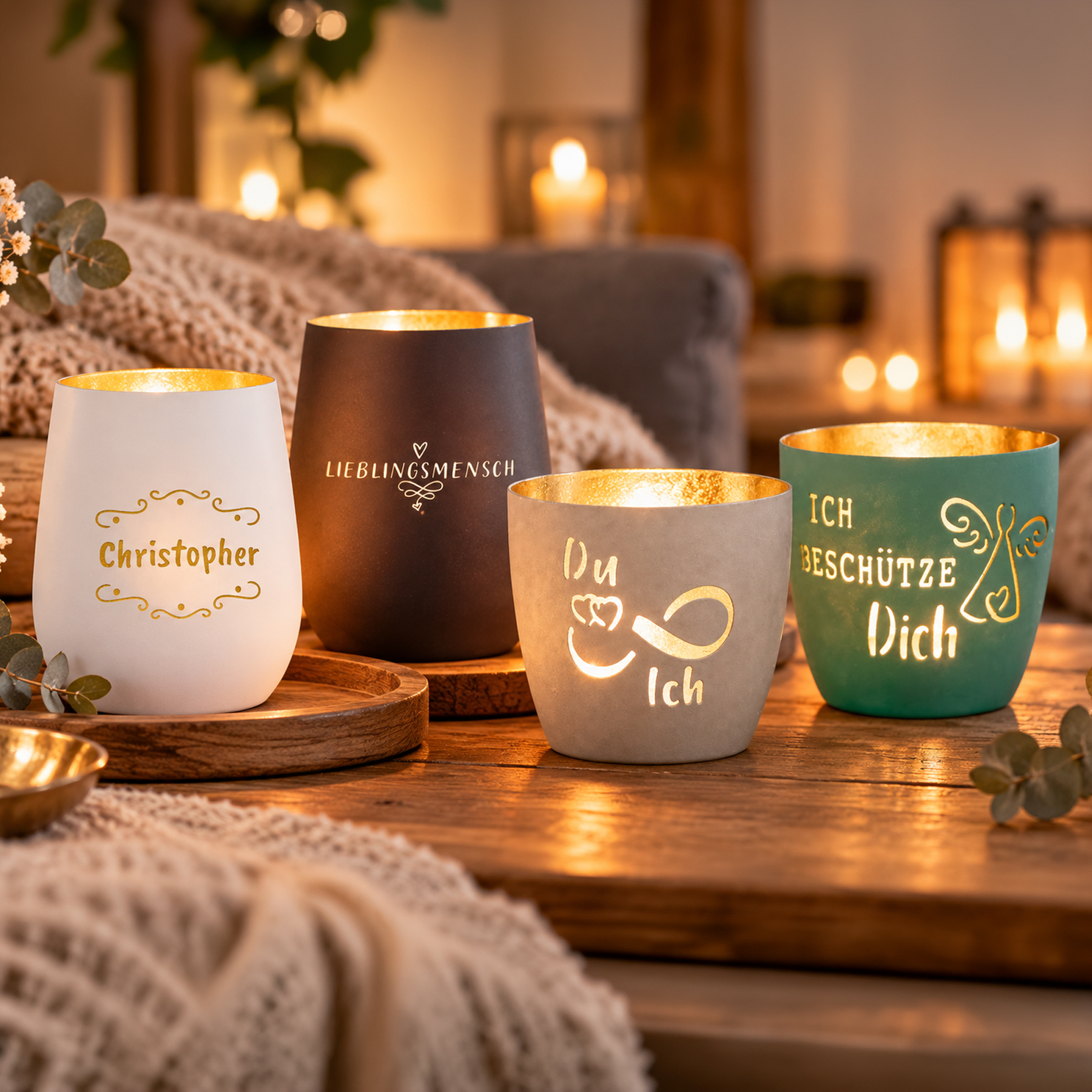 Personalisierte Windlichter mit Namen und verschiedenen Motiven