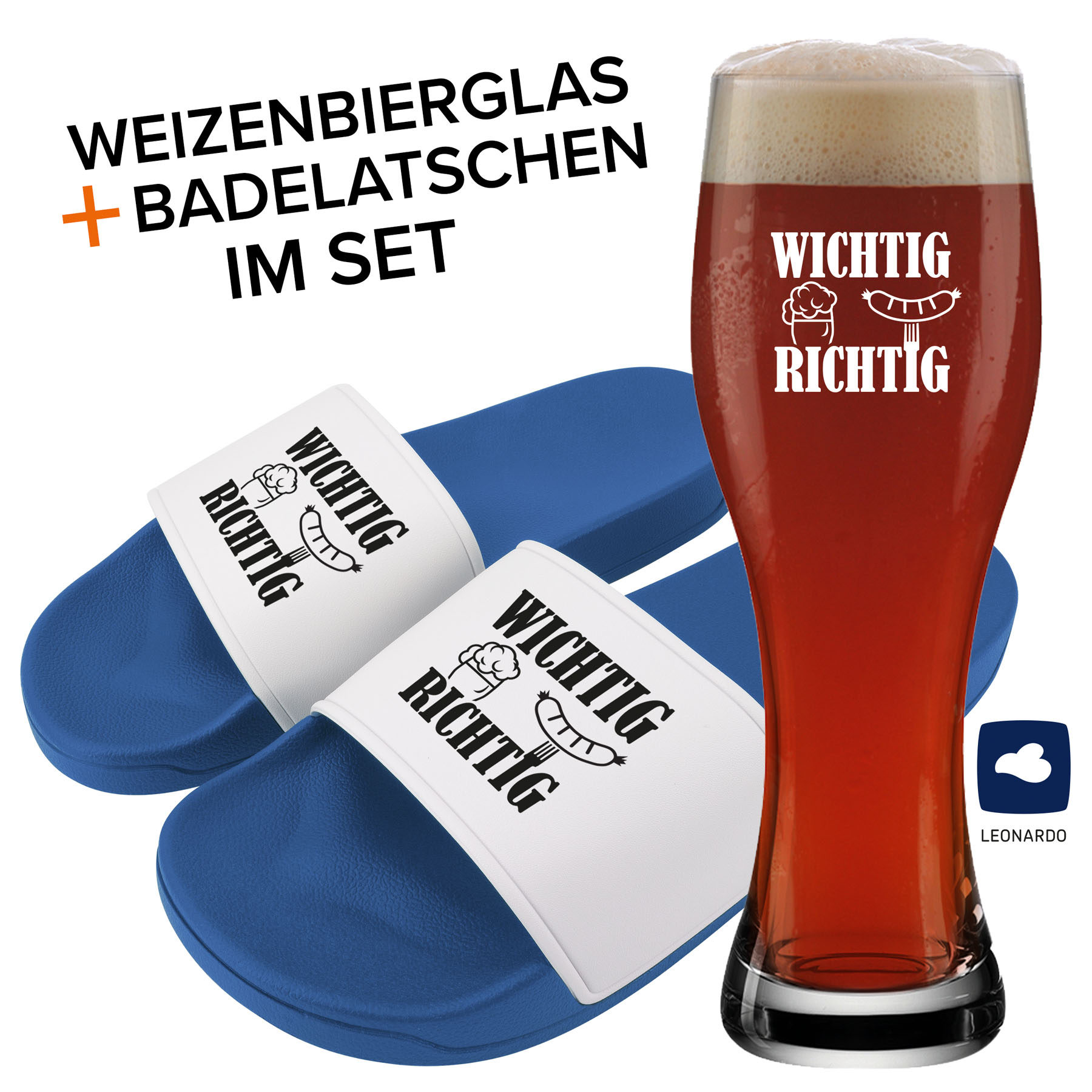 Hauptproduktbild von Badelatschen und Weizenglas "Wichtig Richtig"