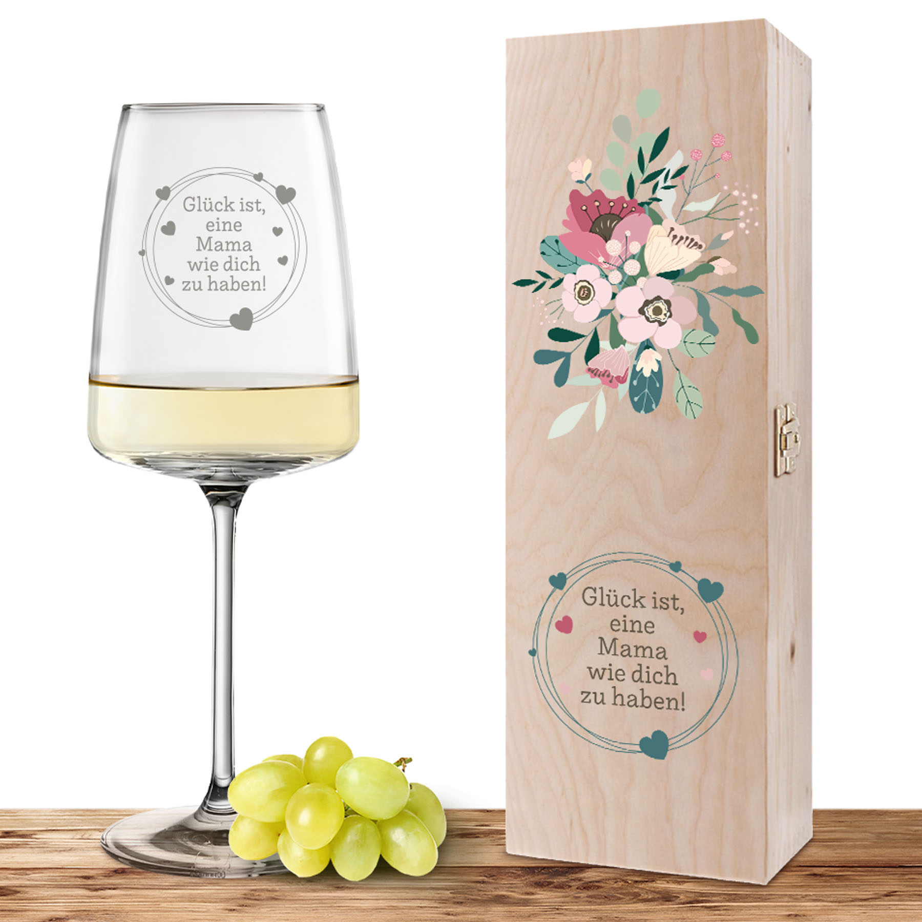 Hauptproduktbild von Weinglas-Holzkisten-Set VIVID SENSES 535ml mit Gravur und Bedruckung "Glück Mama"