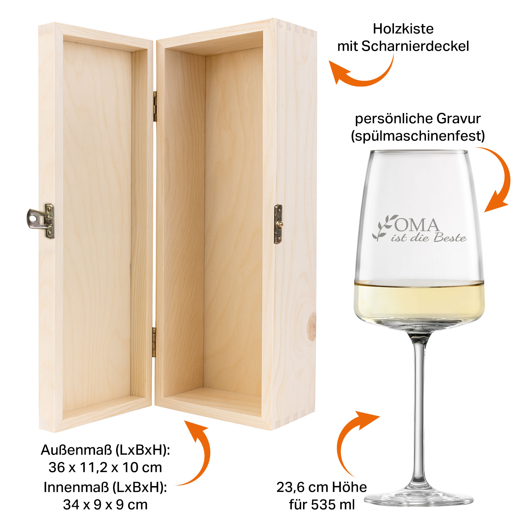 Produktbild 5 von Weinglas-Holzkisten-Set VIVID SENSES 535ml mit Gravur und Bedruckung "Beste Oma"