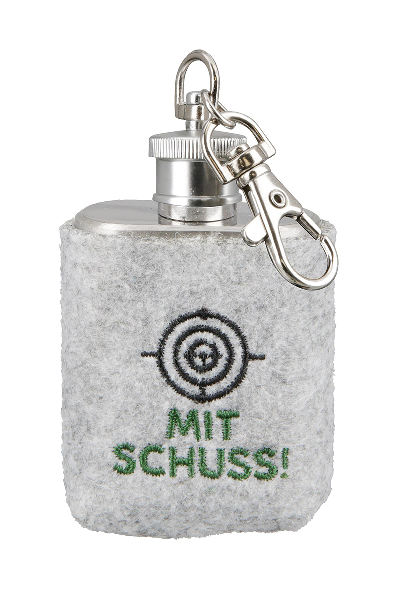 Produktbild von Schlüsselanhänger Mini-Flachmann „Mit Schuss!“ – Edelstahl mit Filzhülle
