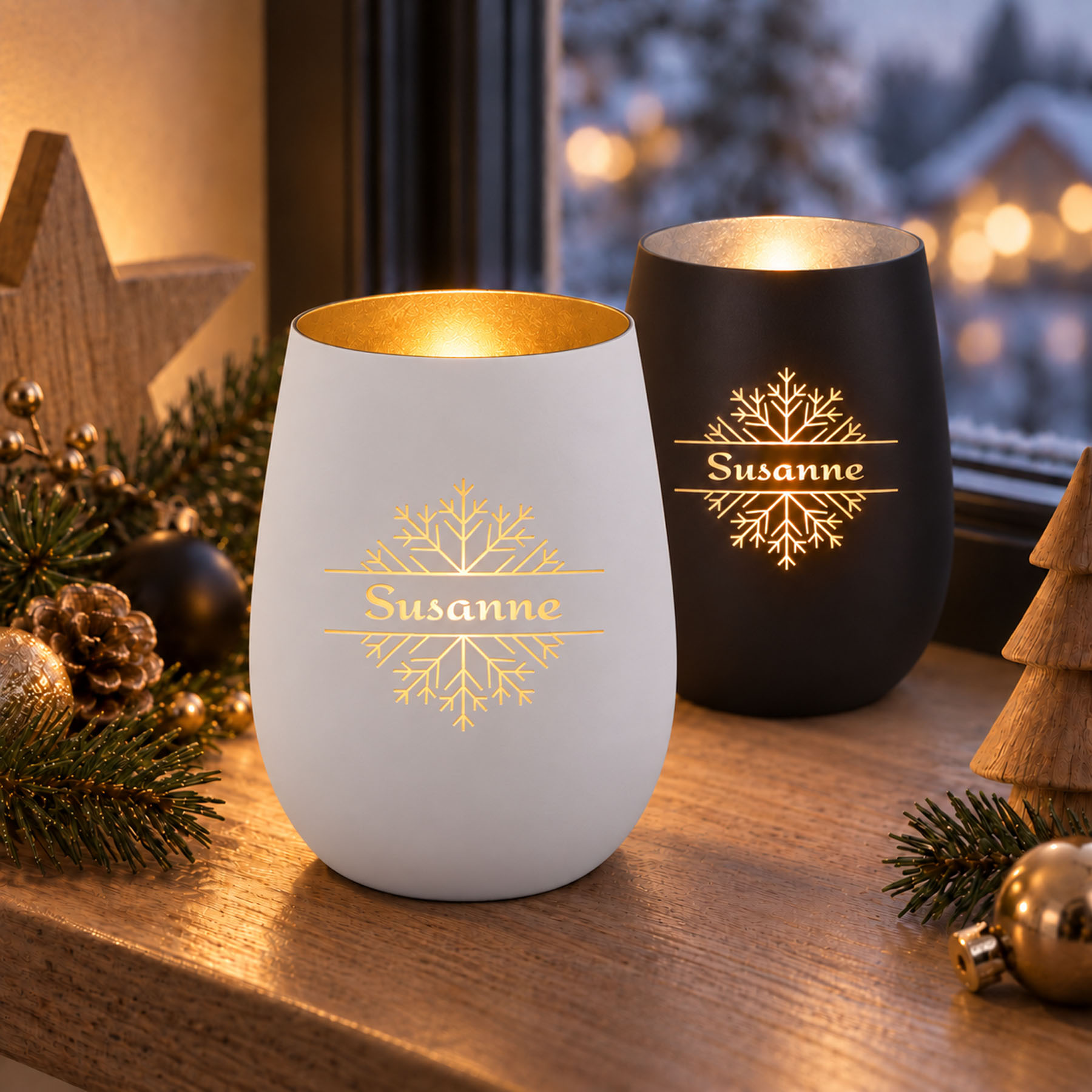 Produktbild von Windlichtglas, Schneeflocke mit Wunschtext