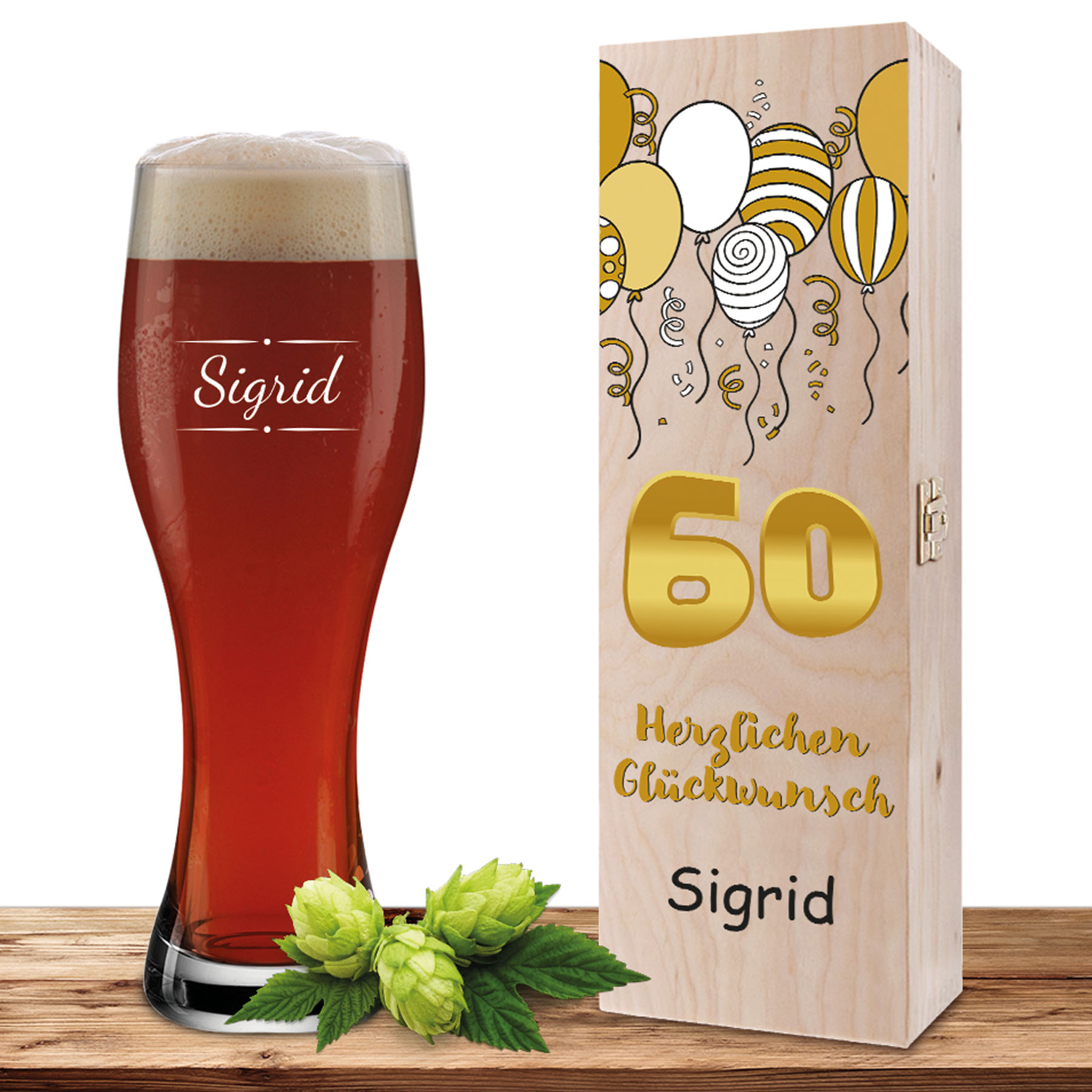 Produktbild von Personalisiertes Weizenglas-Holzkiste-Set mit Gravur und Bedruckung "60"