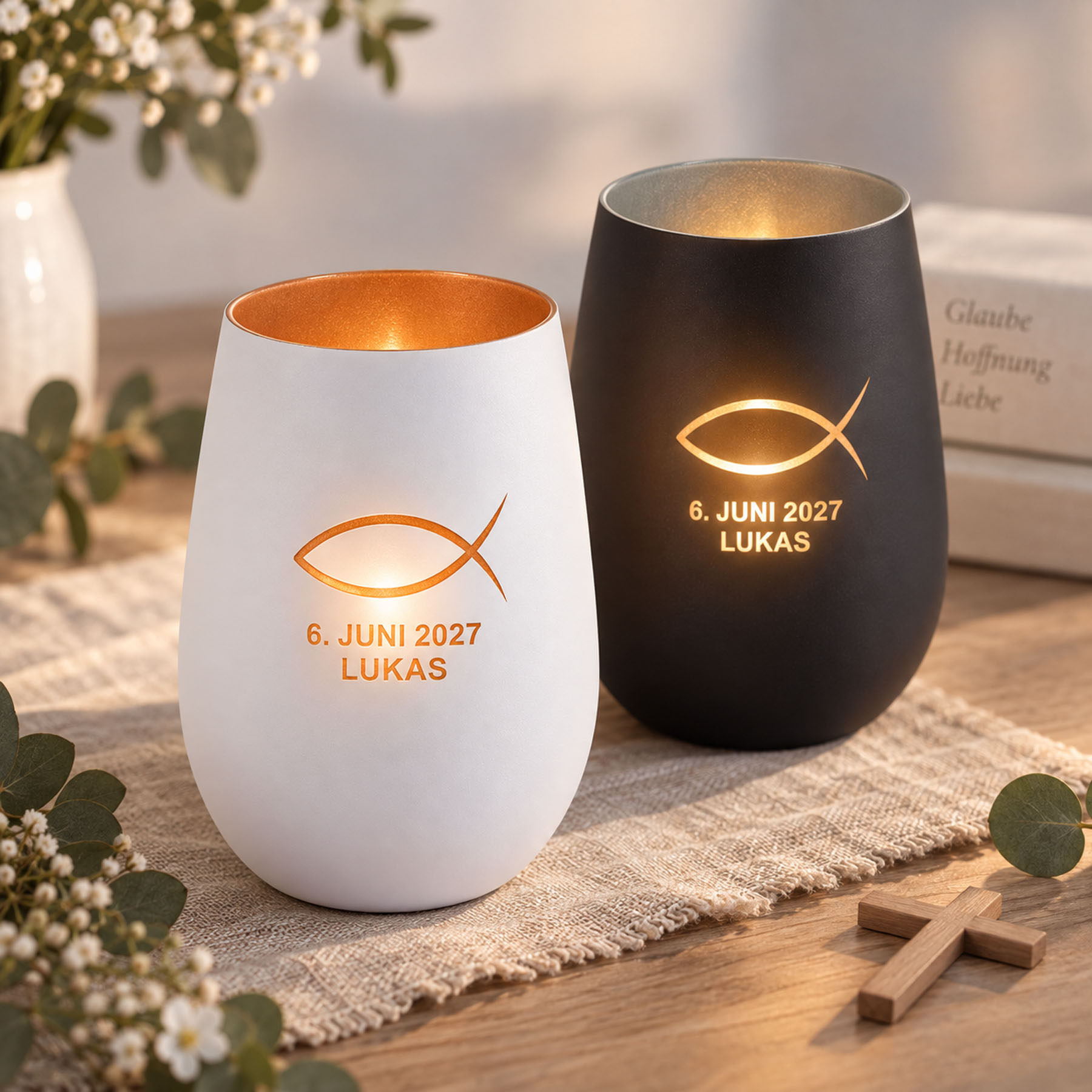 Produktbild von Windlichtglas "Fisch" mit deinem Wunschtext