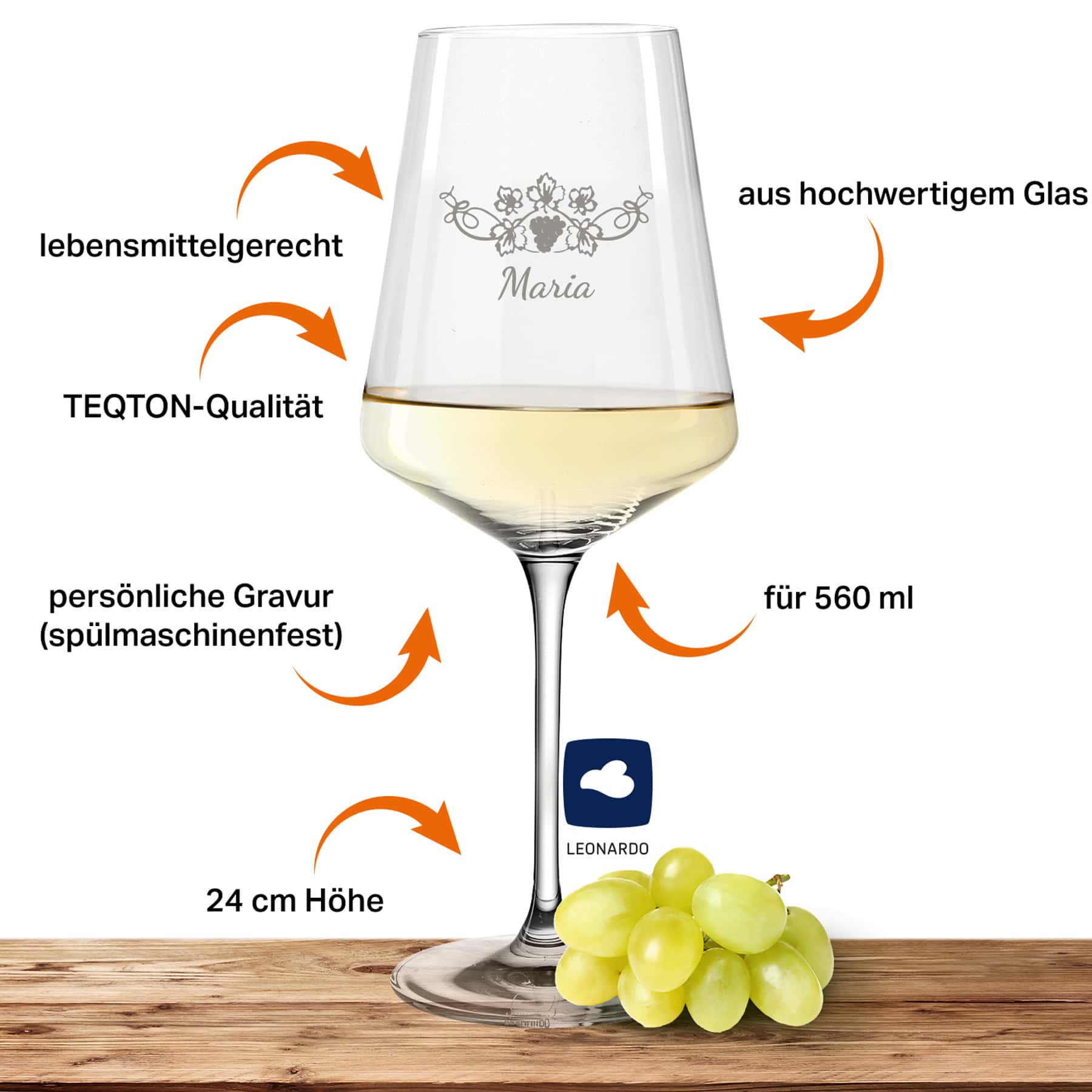 Leonardo Weißweinglas PUCCINI 560ml mit Namen oder Wunschtext graviert (Weinrebe) » kaufen bei