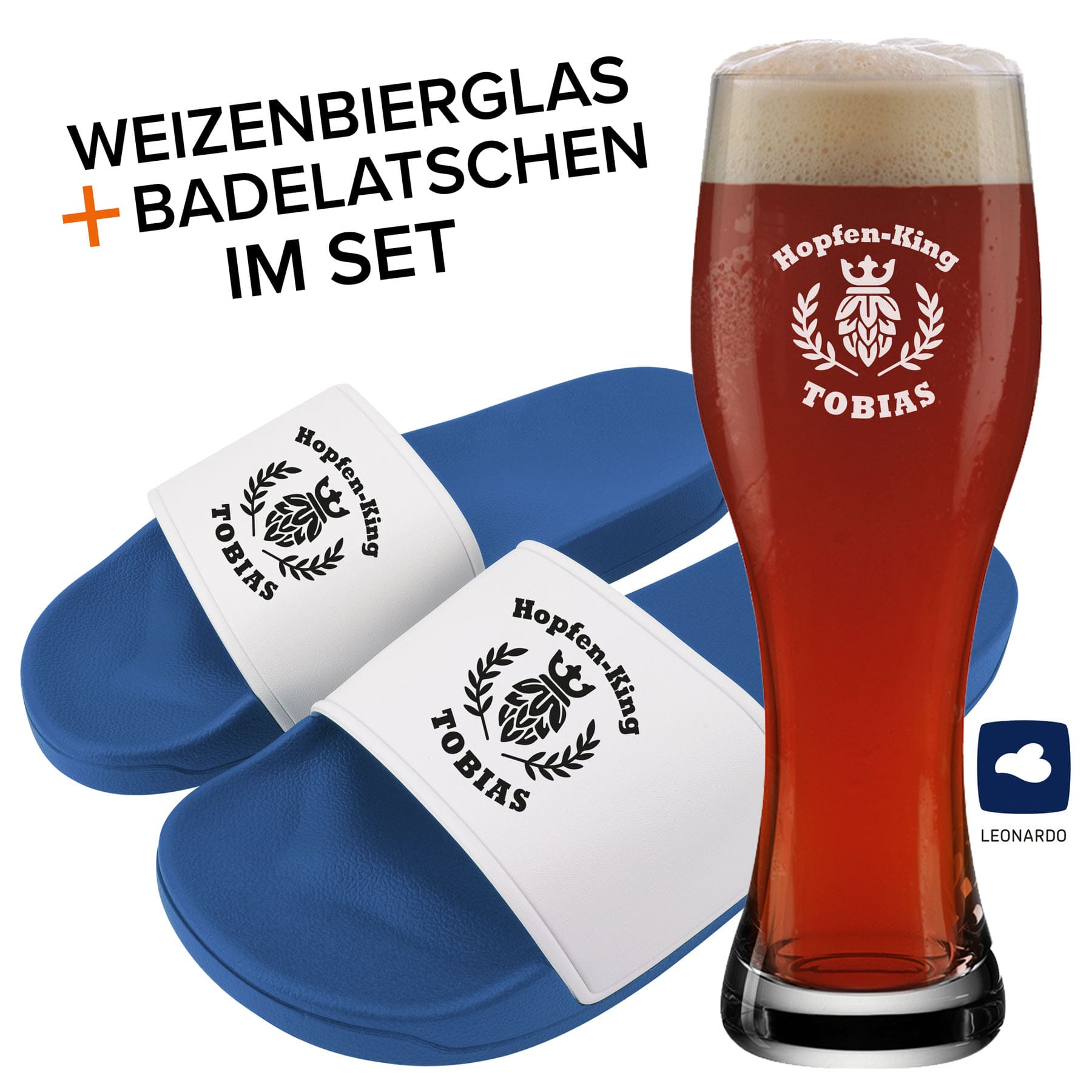 Produktbild von Badelatschen und Weizenglas "Hopfen King" mit Name oder Wunschtext