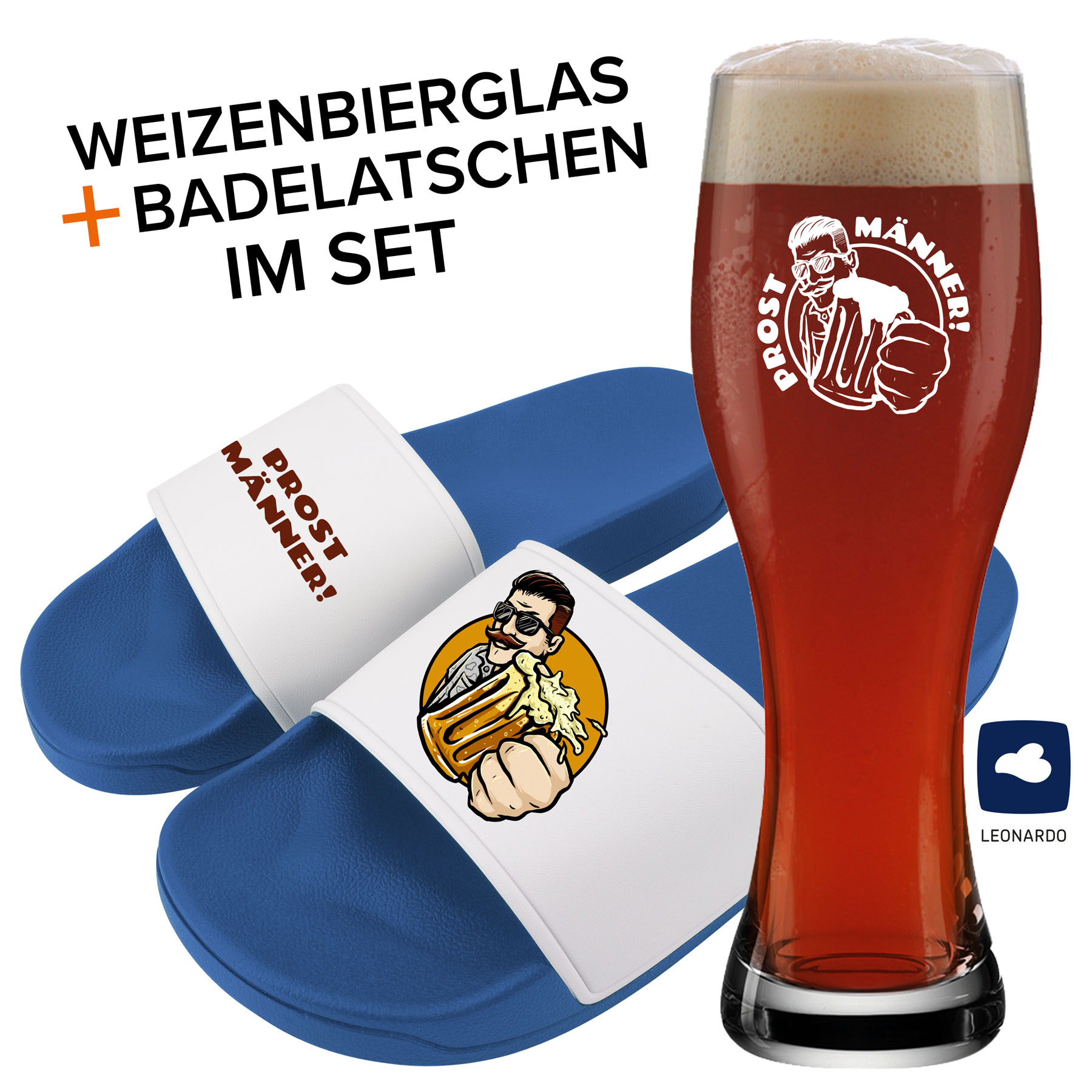 Produktbild von Badelatschen und Weizenglas "Prost Männer"