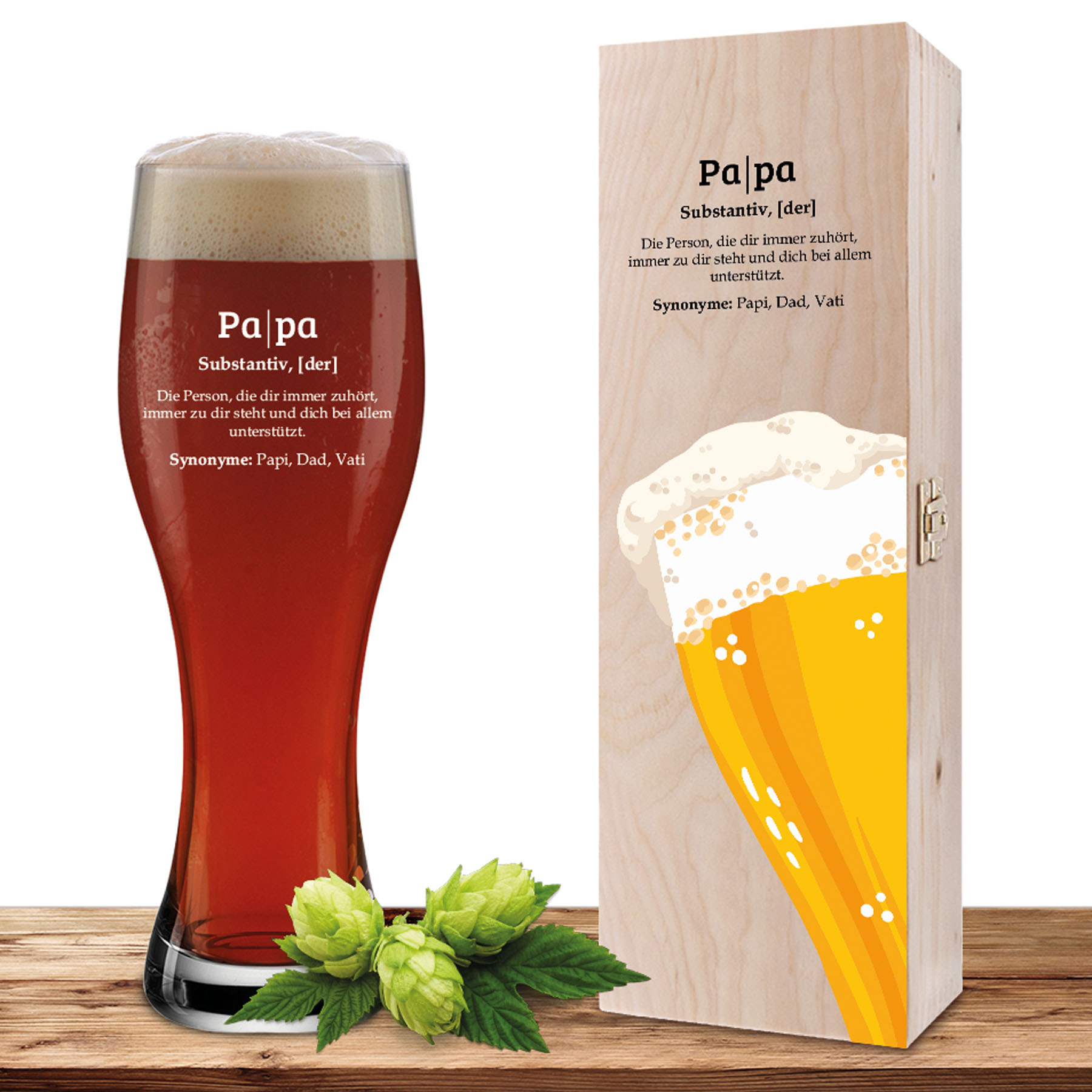 Hauptproduktbild von Weizenglas-Holzkiste-Set mit Gravur und Bedruckung "Papa Bier"