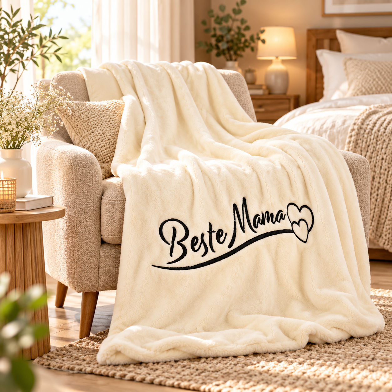 Produktbild von Kuscheldecke "Beste Mama" mit Herzen in verschiedenen Farben