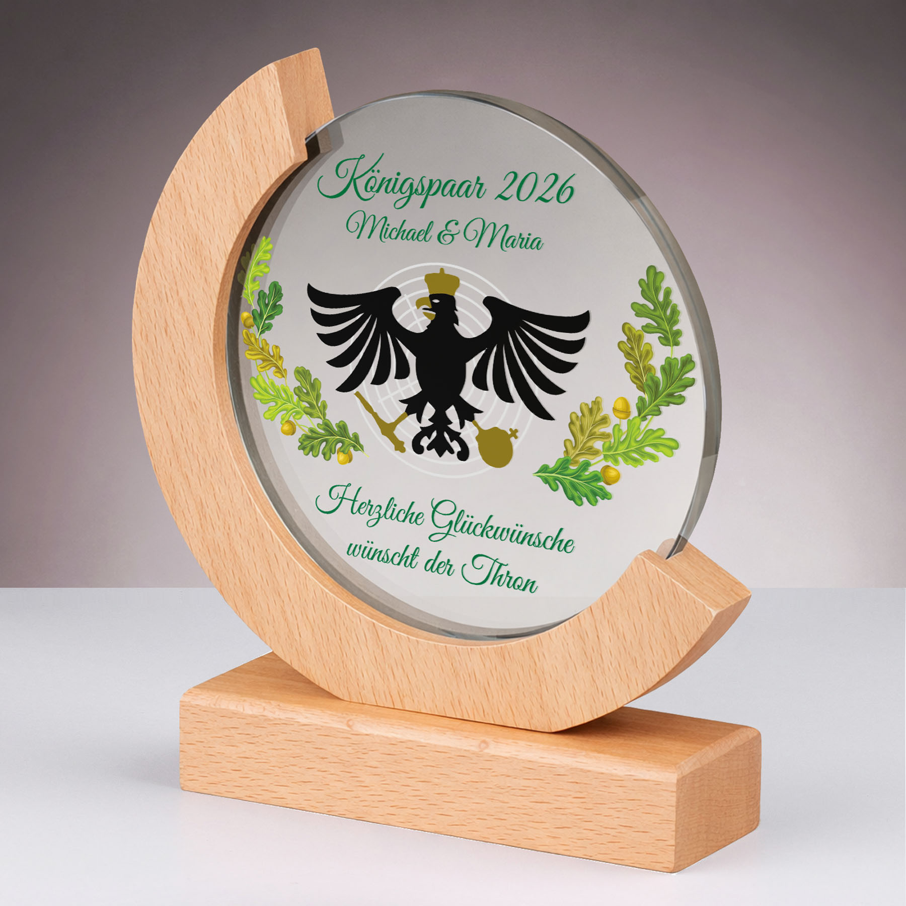 Produktbild von Glastrophäe „Schützenkönig & Königin“ (Buche)
