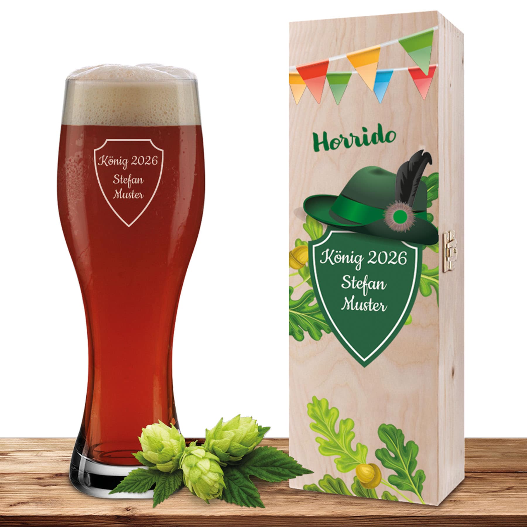 Personalisiertes Weizenglas-Holzkiste-Set mit Gravur und Bedruckung Schützenfest Hut
