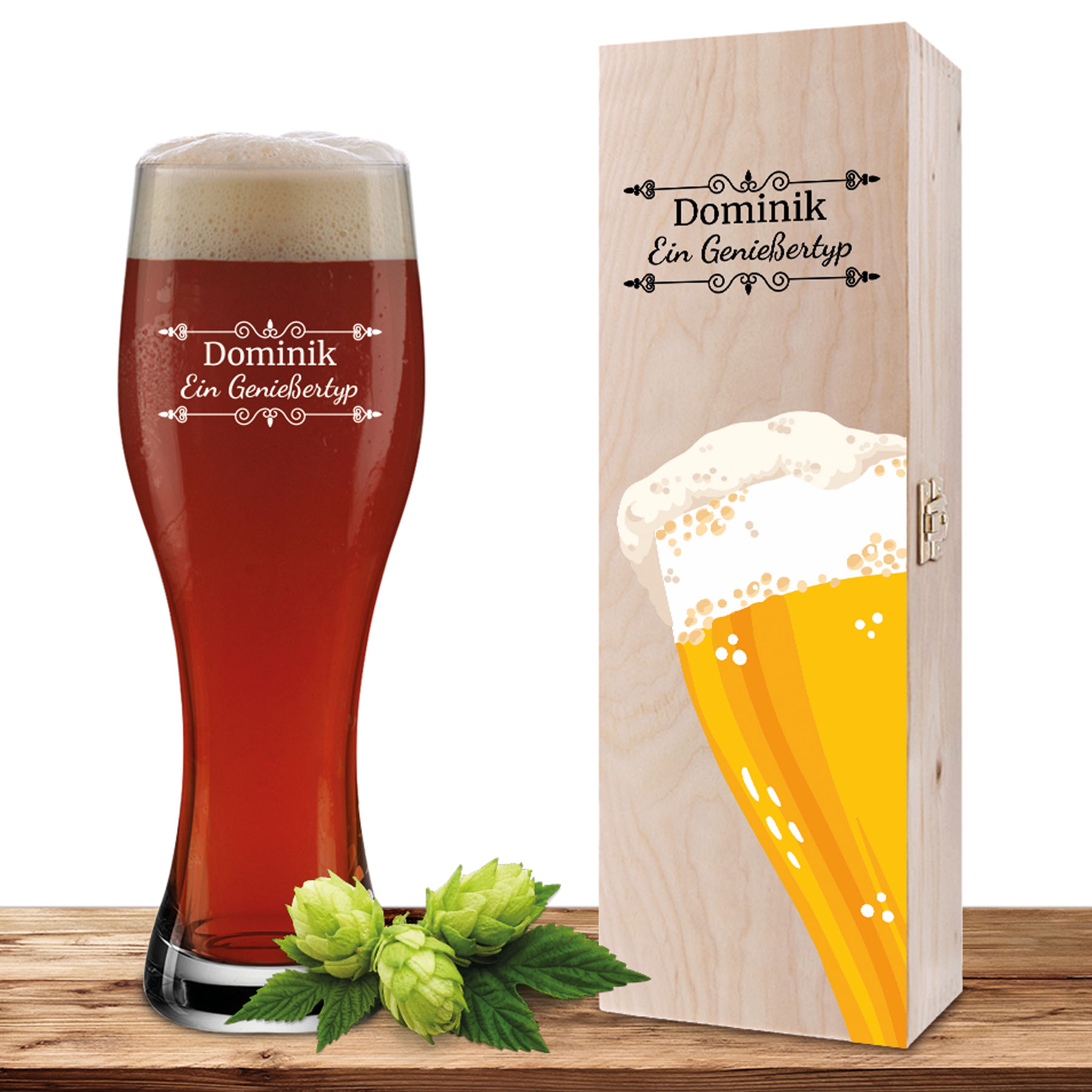 Personalisiertes Weizenglas-Holzkiste-Set mit Gravur und Bedruckung