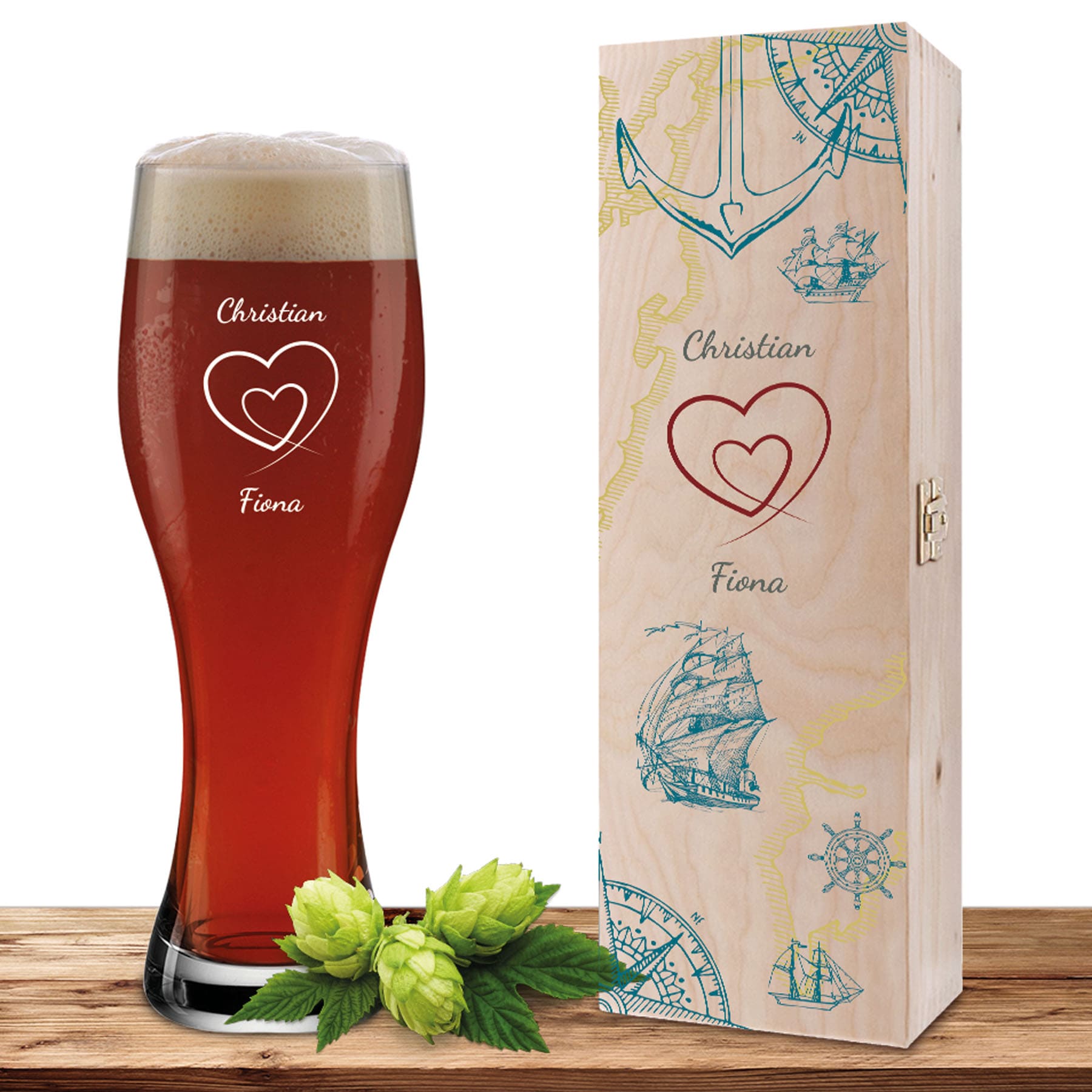 Personalisiertes Weizenglas-Holzkiste-Set mit Gravur und Bedruckung Karte 