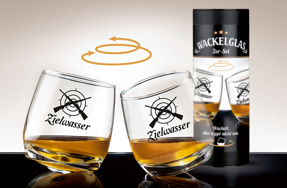 Produktbild von Wackelglas „Zielwasser“ – Whiskyglas 2er Set mit Geschenkverpackung