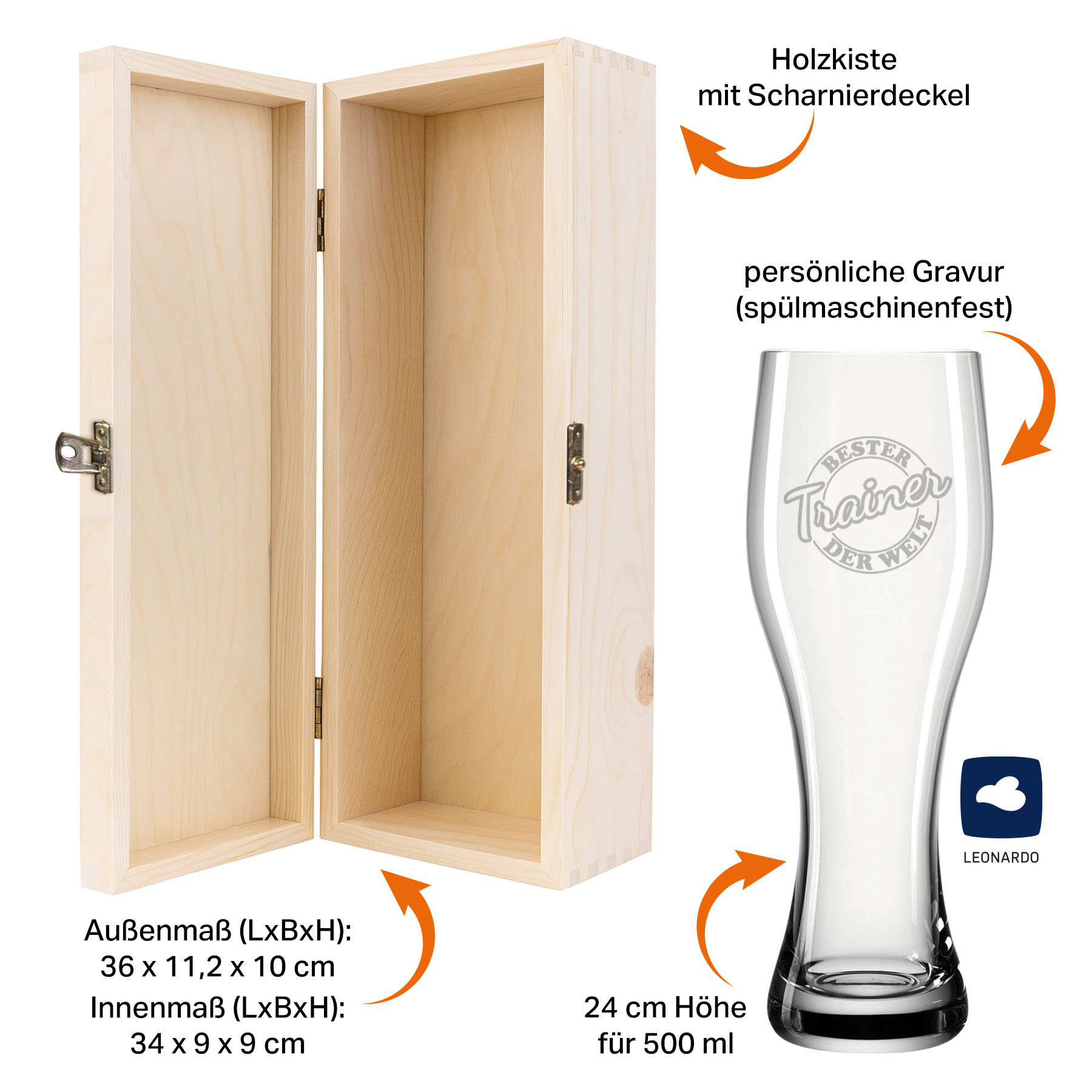 Produktbild 5 von Weizenglas-Holzkiste-Set mit Gravur und Bedruckung "Siegel Trainer"