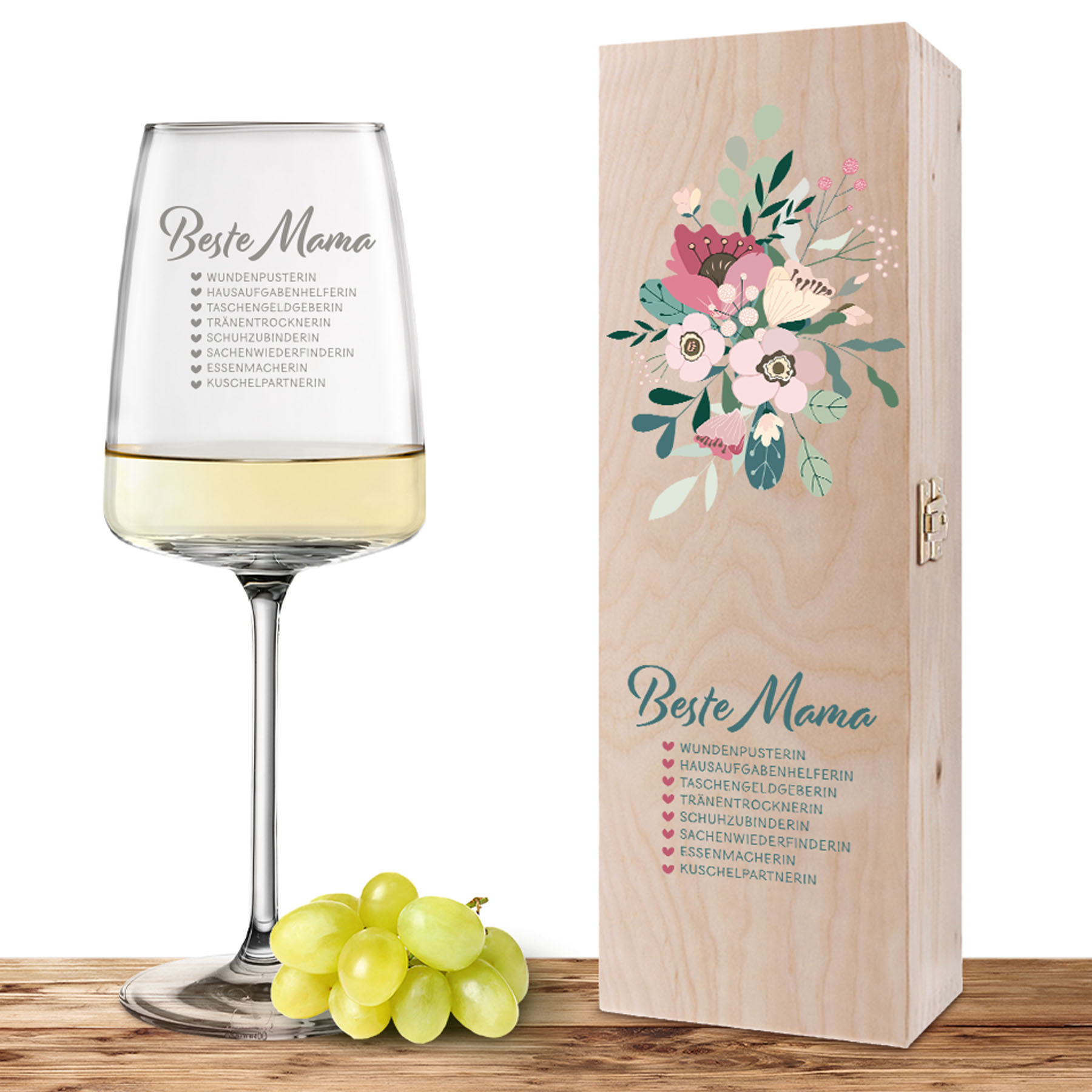 Hauptproduktbild von Weinglas-Holzkisten-Set VIVID SENSES 535ml mit Gravur und Bedruckung "Beste Mama Checkliste"