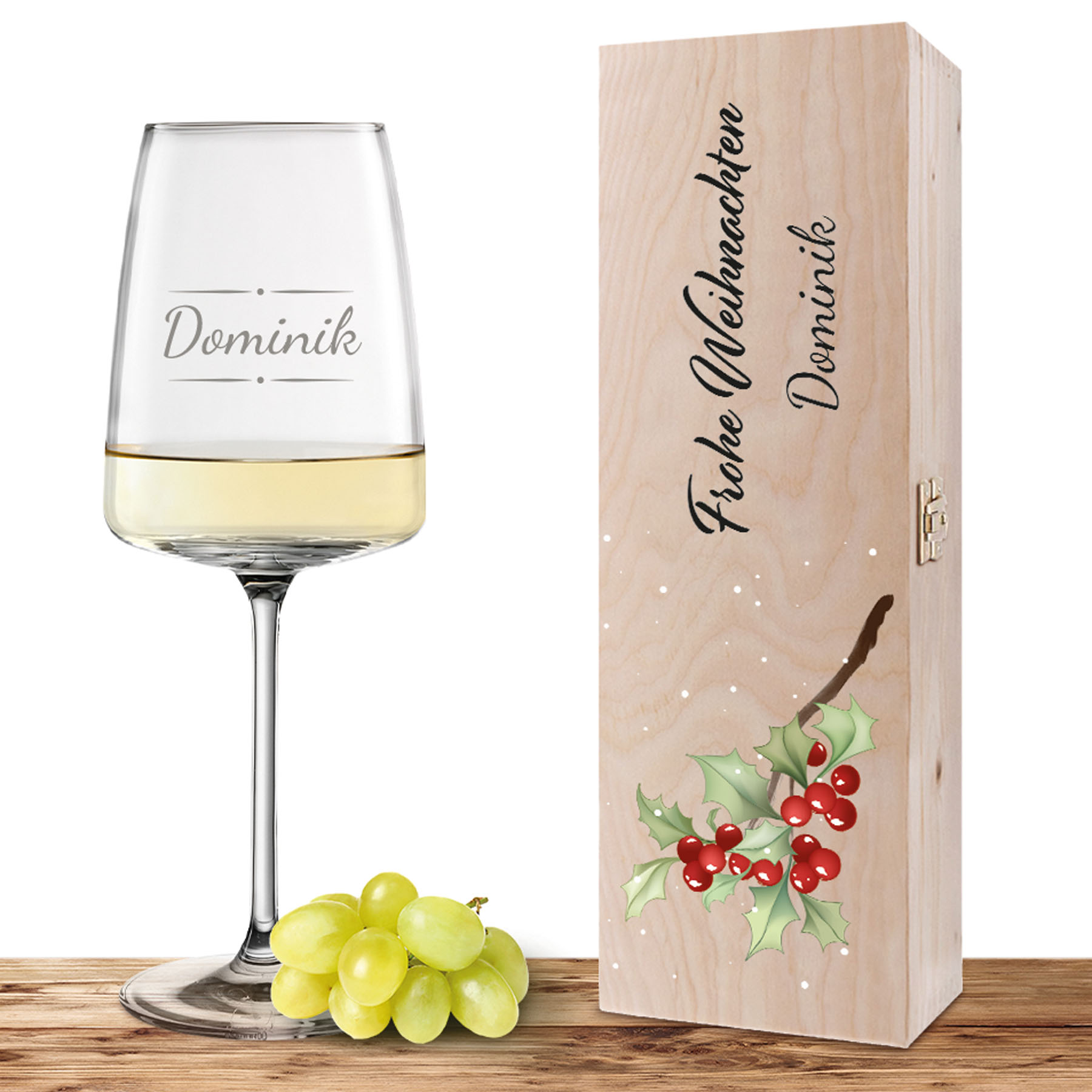 Personalisiertes Weinglas-Holzkiste-Set mit Gravur und Bedruckung