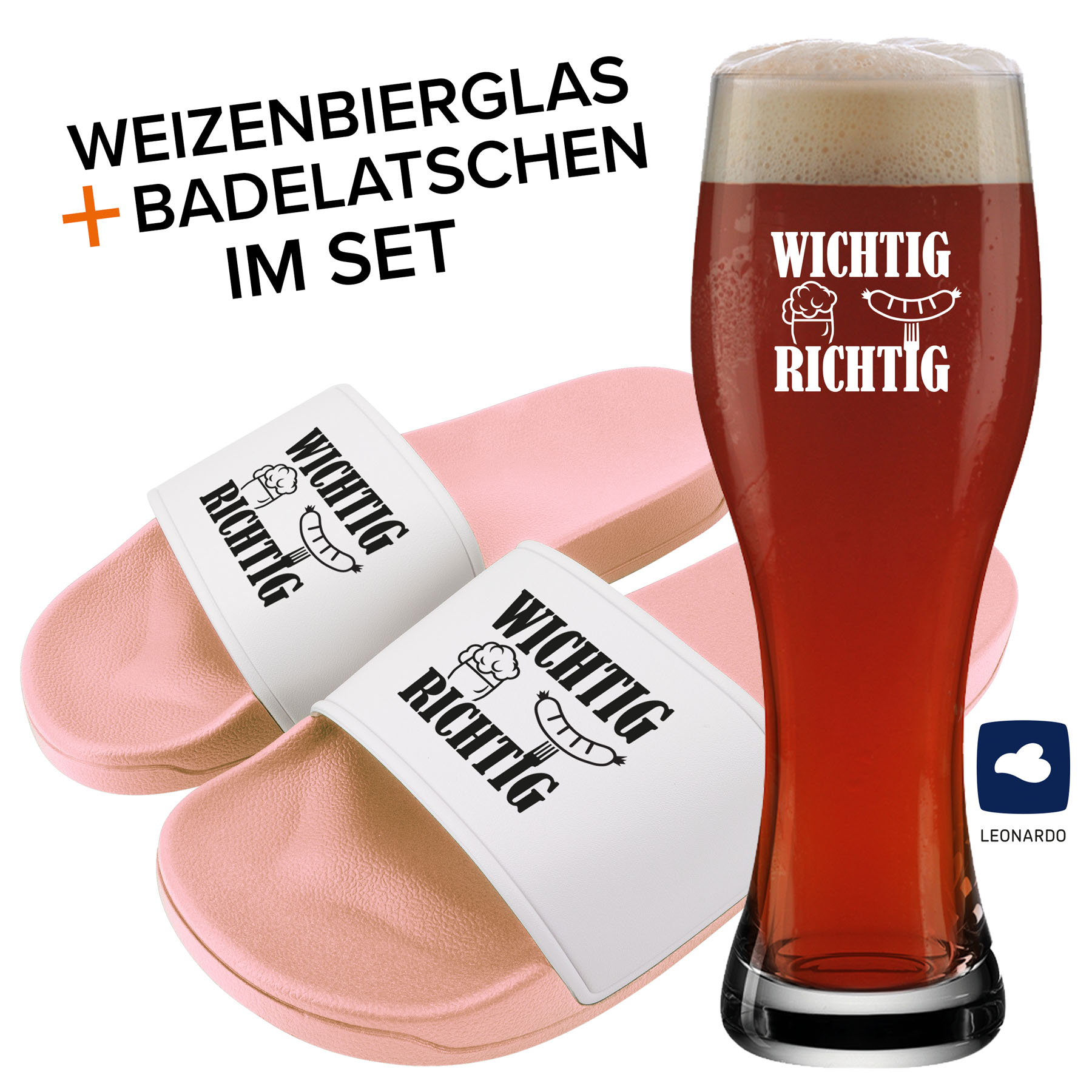 Hauptproduktbild von Badelatschen und Weizenglas "Wichtig Richtig"